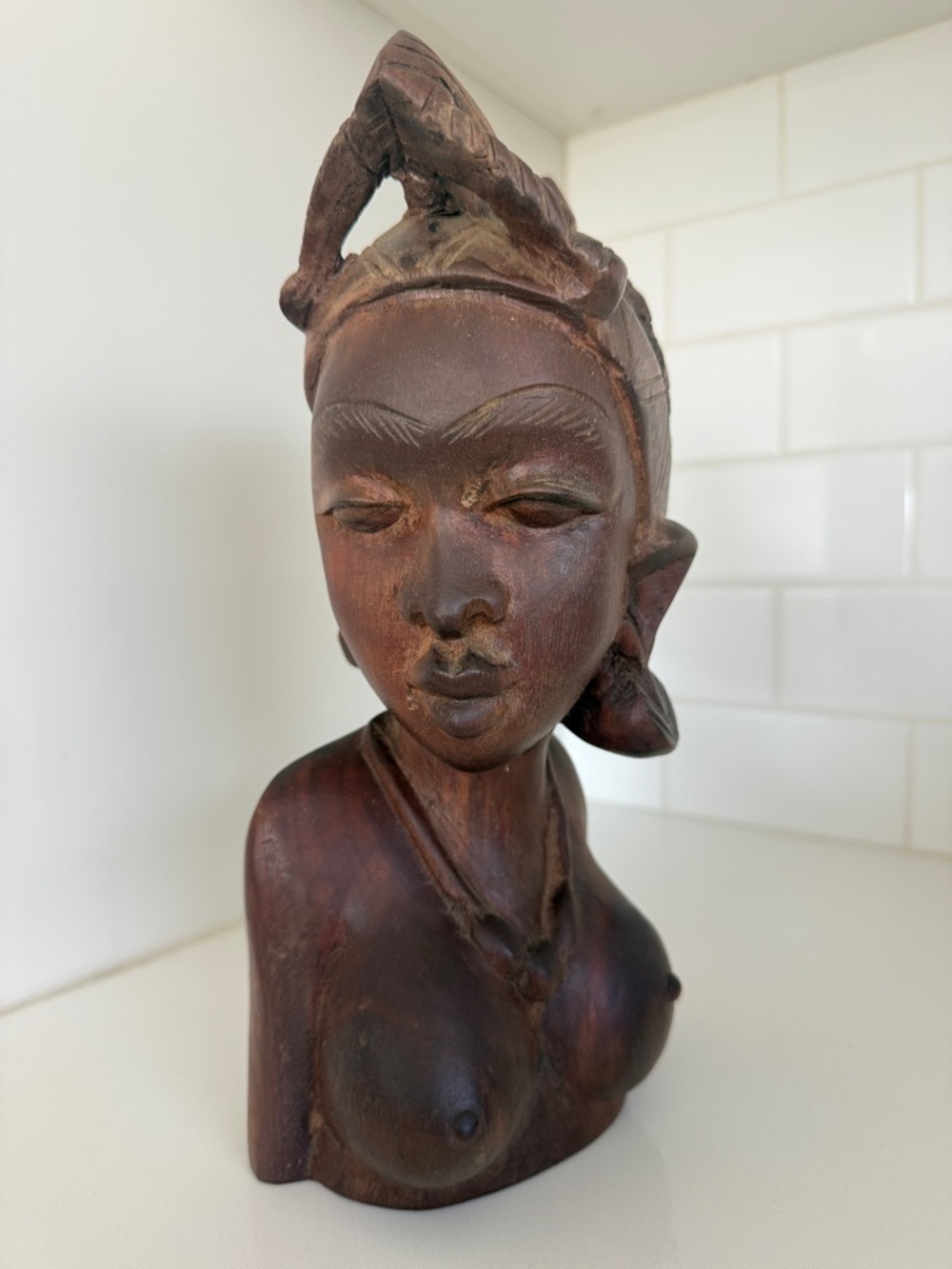 Hand-Carved Wooden Bust Sculpture in Dark Brown